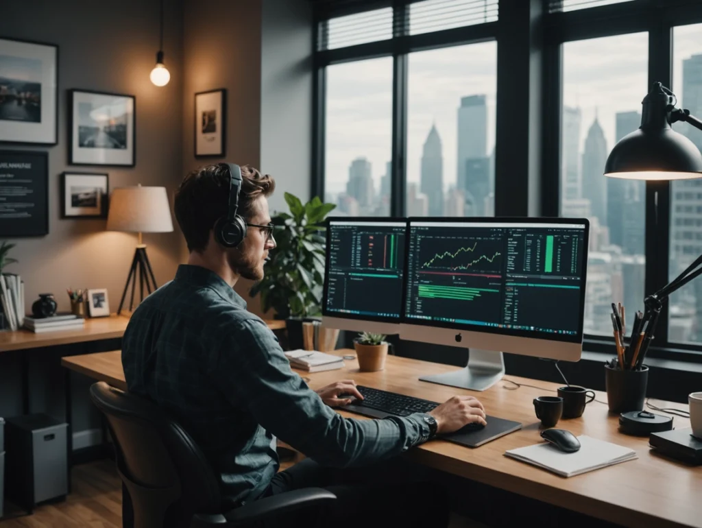 Man using Grammarly writing assistant on dual monitors with analytics dashboard in modern home office.