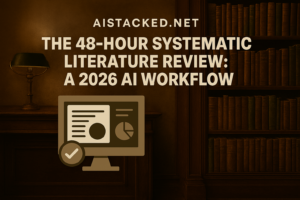 Warm library scene with bookshelves, a desk lamp, and a laptop reviewing research papers for a 48‑hour systematic literature review.
