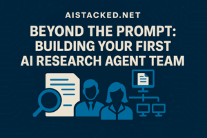 Modern digital graphic with bold white text over a deep blue circuit background. Icons include a magnifying glass over a document, two professional silhouettes, and a flowchart of connected monitors, representing an AI research agent team.