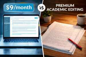 Cheap AI writing tool vs premium academic editor split screen showing $9 per month AI interface and human red pen manuscript editing.