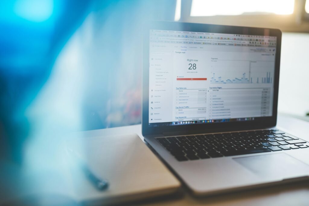 Rank Math SEO dashboard displayed on a laptop screen featuring real-time analytics, keyword tracking data, and a clean user interface for 2026 search engine optimization.